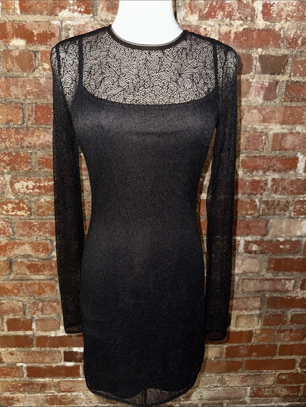 Sleek Black Chemise Slip + Detachable Sheer Lace Long Sleeve Overlay